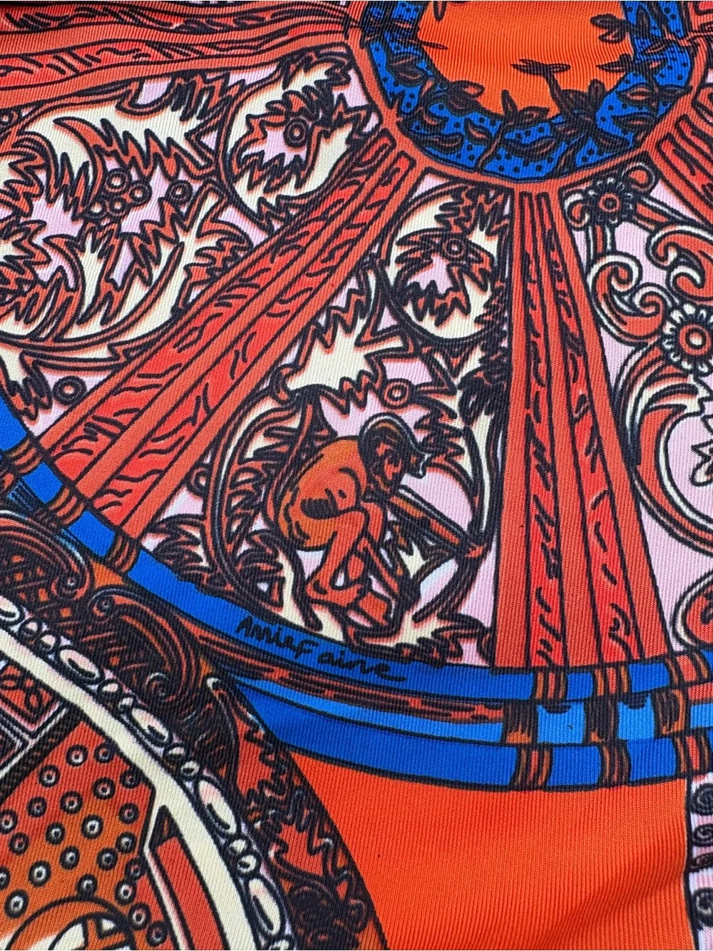 Hermès Annie Faivre Orange Blue Silk Carré Scarf